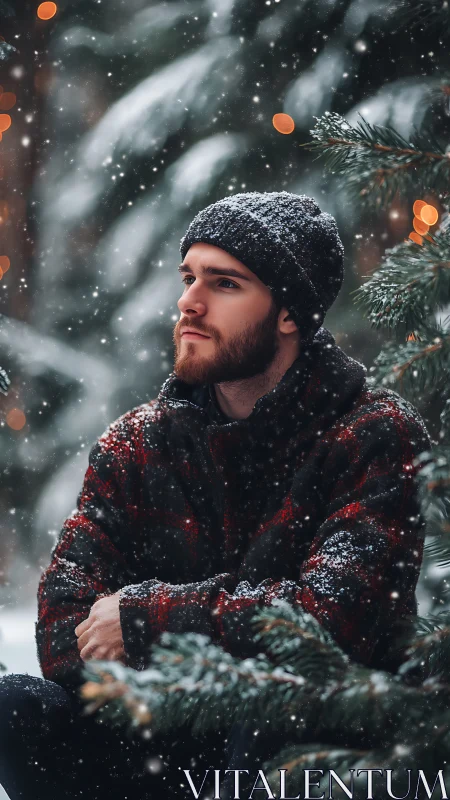 Bearded man in snowy forest wearing winter knit hat.