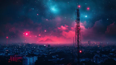 Neon telecom tower over cyberpunk city under stellar sky.
