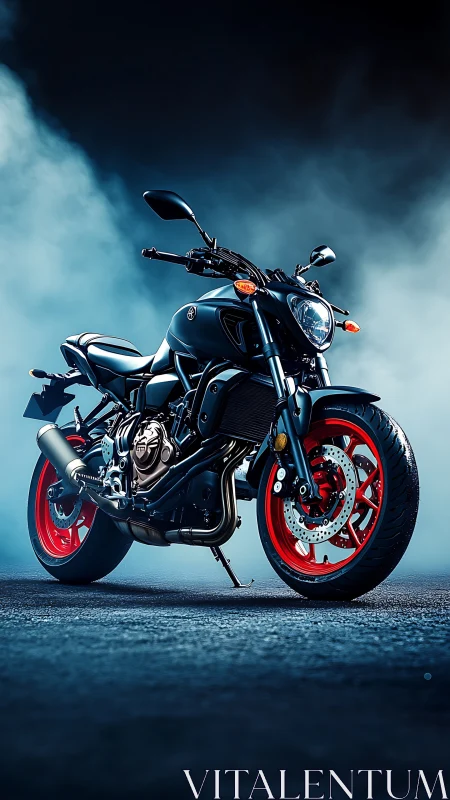 Midnight road warrior with blazing red wheels poised.