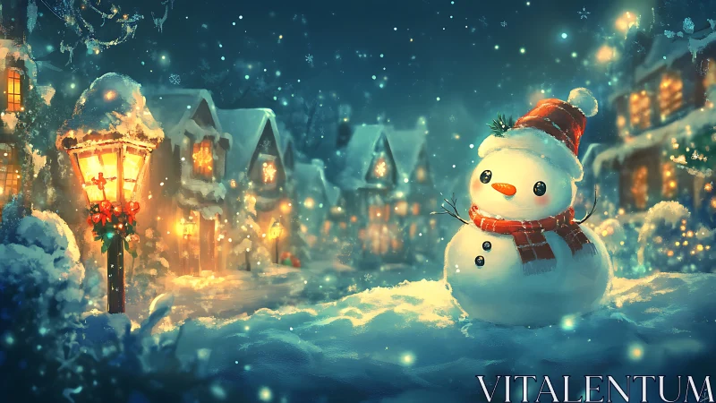 Snowman in illuminated winter village under glowing lamplight