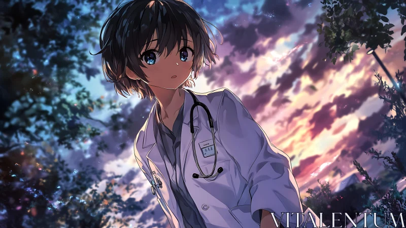 Young anime doctor in white coat under vivid sunset sky.