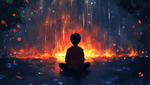 Solitary child watching cascading firelight by riverside.