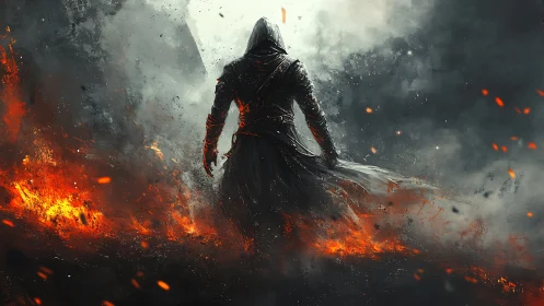 Hooded firewalker strides through embers and storming smoke