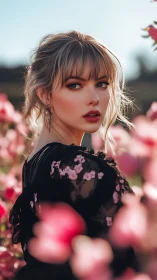 Blonde woman framed by pink blossoms in golden sunlight.