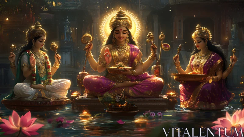 Divine goddesses illuminate a lotus-lit temple water ritual