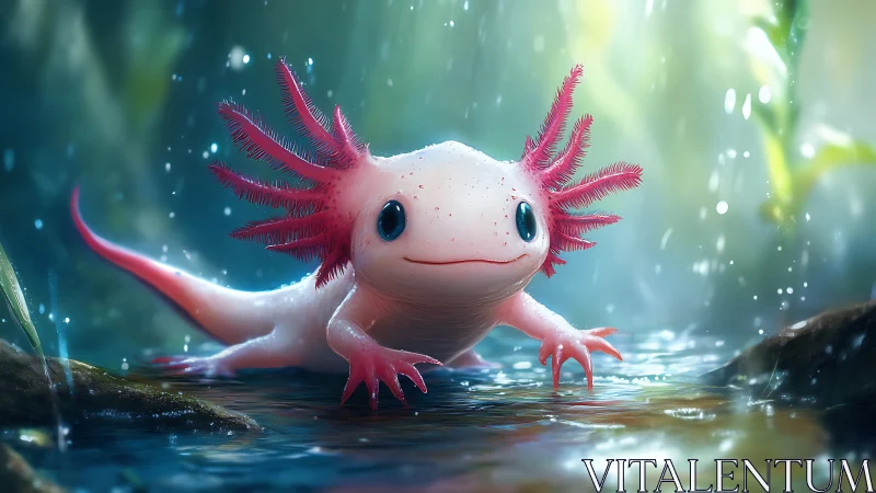 Bioluminescent axolotl rendered with shallow depth and volumetric light