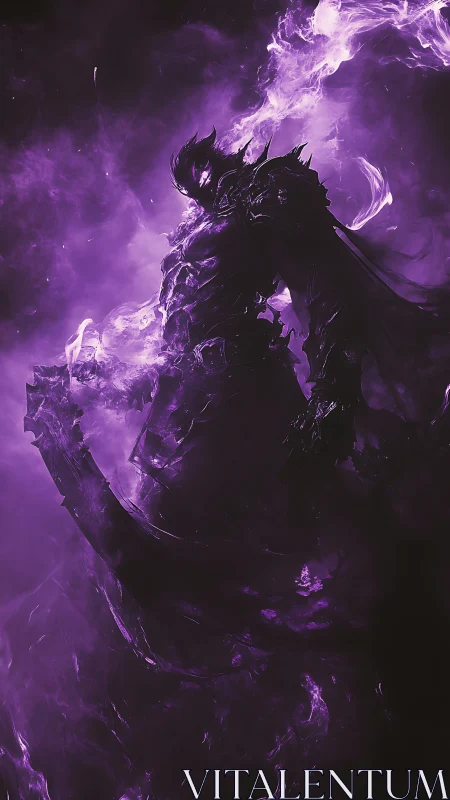 Armored shadow figure in purple spectral energy field.
