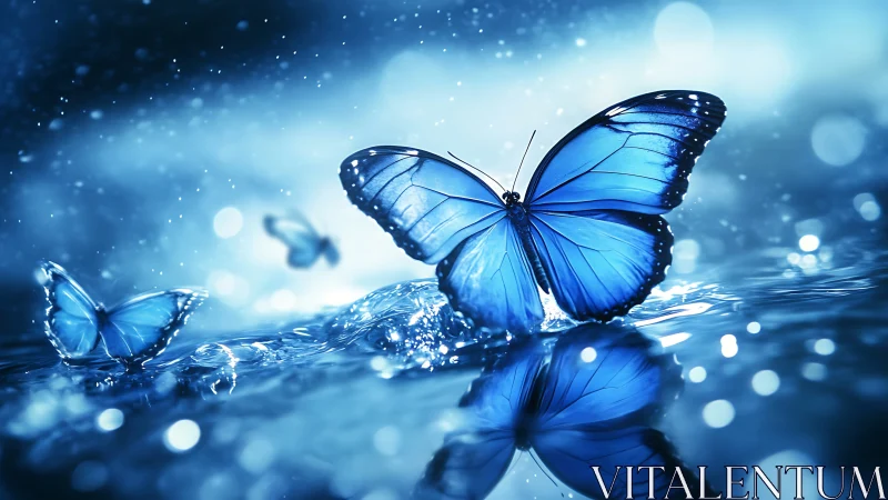 Luminescent blue morpho butterflies over refractive waterfield.