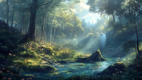 Enchanted Forest Waterfall With Mystical Light Rays.
