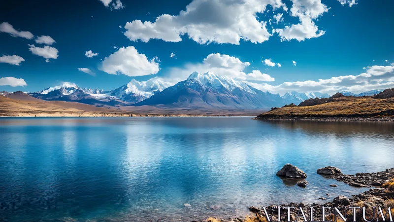 Snow capped mountain range mirrored in calm blue lake.