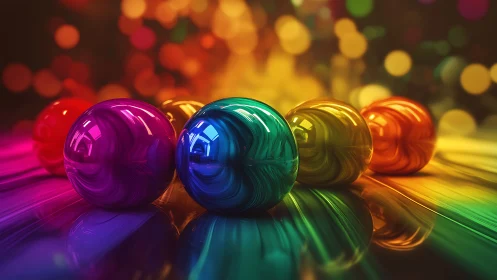 Glossy multicolored glass spheres rest on reflective surface