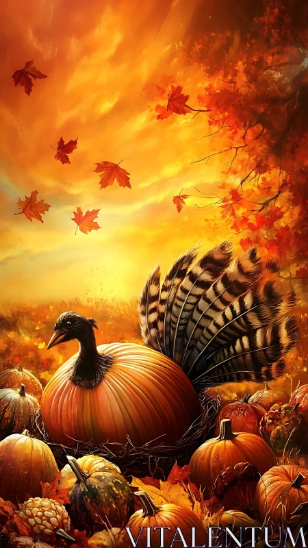 Pumpkin turkey hybrid amid glowing autumn harvest field.
