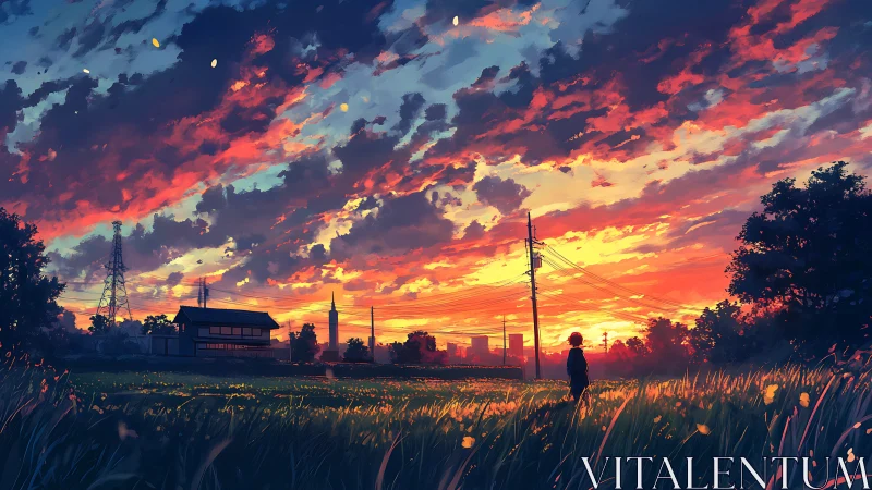 Sunset sky spans rural field, power lines, and distant city