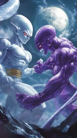 Digital painting of lunar-lit alien duel in dynamic profile.