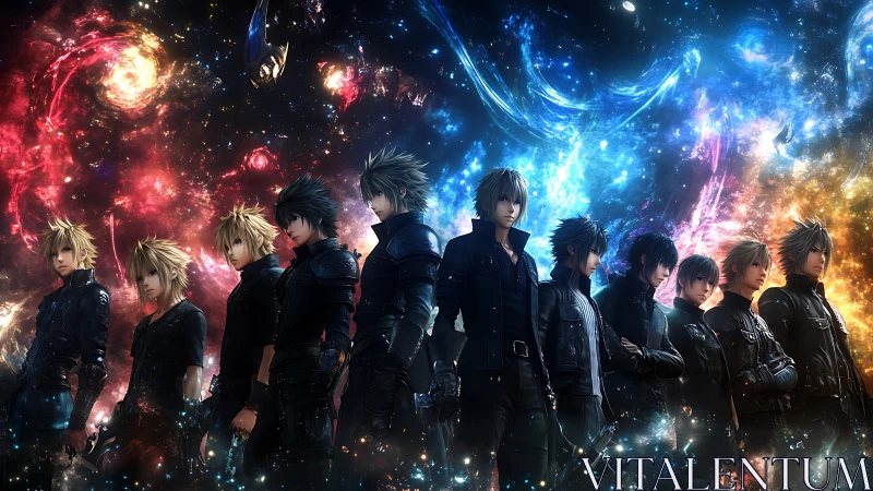 Starlit anime heroes stand united beneath swirling galaxies