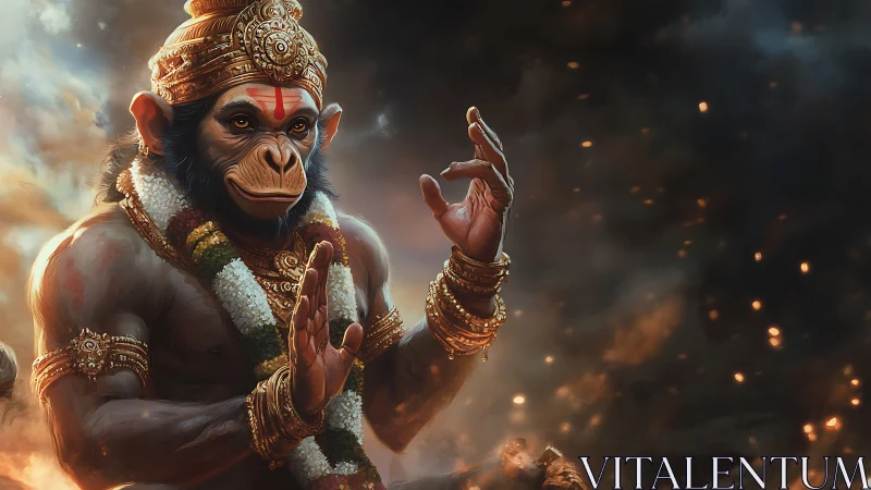 Divine humanoid monkey warrior raises blessing hands in fire