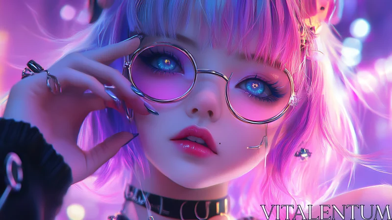 Cyber neon girl close-up portrait with pink glasses glow.