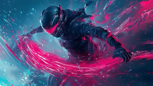 Neon-clad cyber rider carves magenta energy arcs through fluid haze