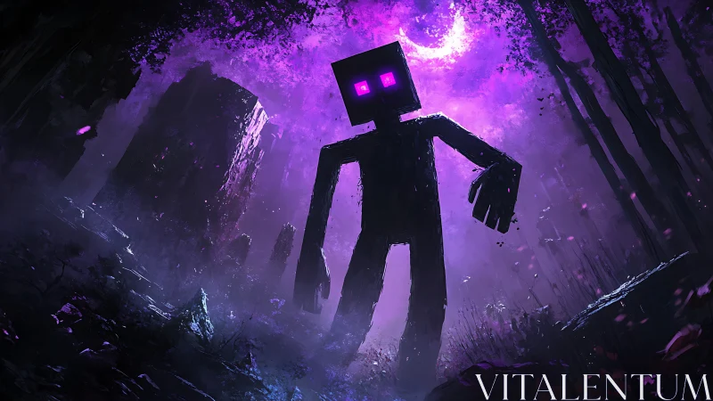 Midnight wanderer beneath a glowing violet pixel moon.