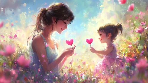 Two figures exchanging heart-shaped objects in a floral field