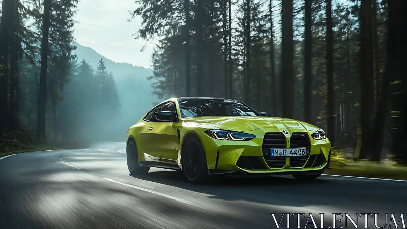 Bold lime sports coupe gliding through a misty forest road.