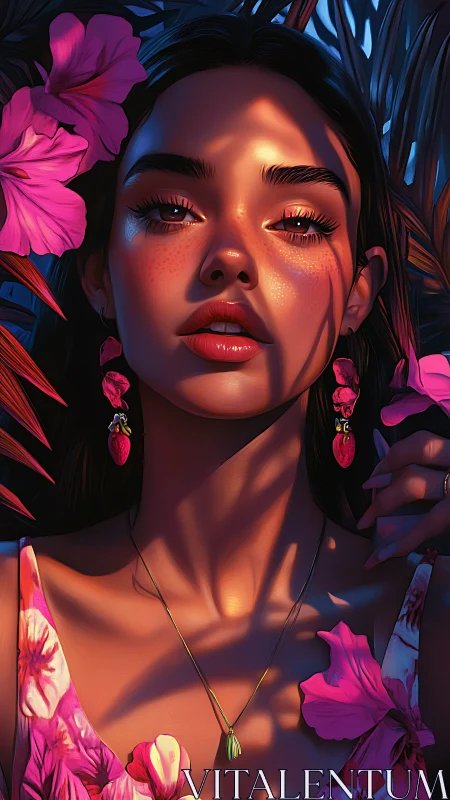 Sunlit tropical portrait with cinematic floral shadows.