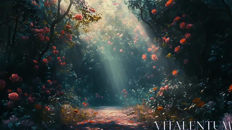 Luminous Forest Corridor With Volumetric Light Through Flowering Canopy