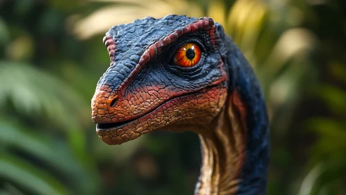 Curious jungle raptor studies the future through ember eyes