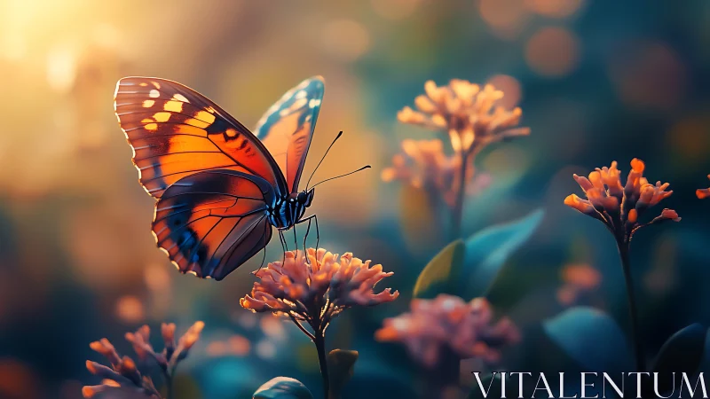 Gentle sunset butterfly resting among dreamy garden blooms.