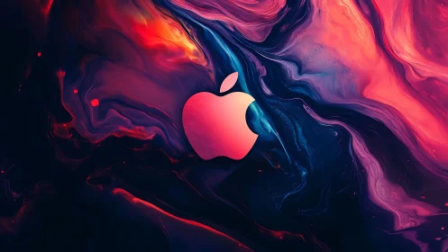 Glowing pink apple logo floats in neon liquid nebula.