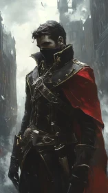 Masked figure in ornate coat within foggy city street.