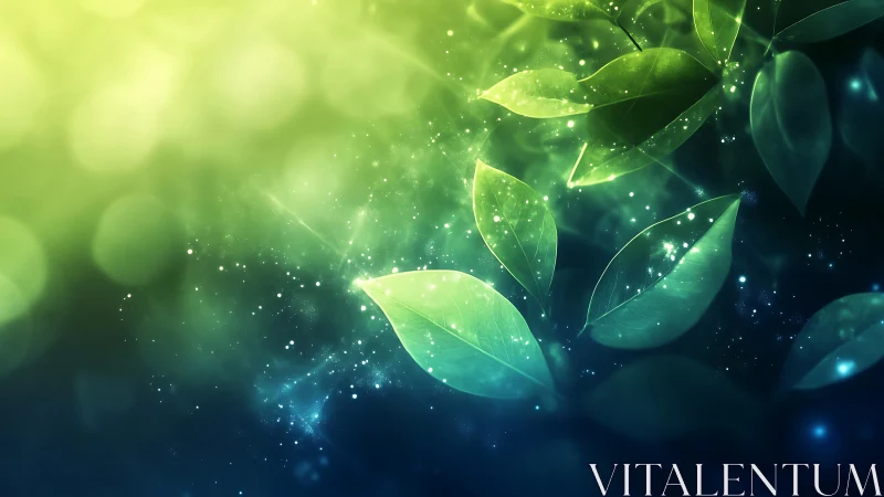 Bioluminescent green leaves in ethereal bokeh nebula field
