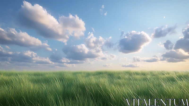 Sunlit meadow grasses under soft stratocumulus sky panorama.
