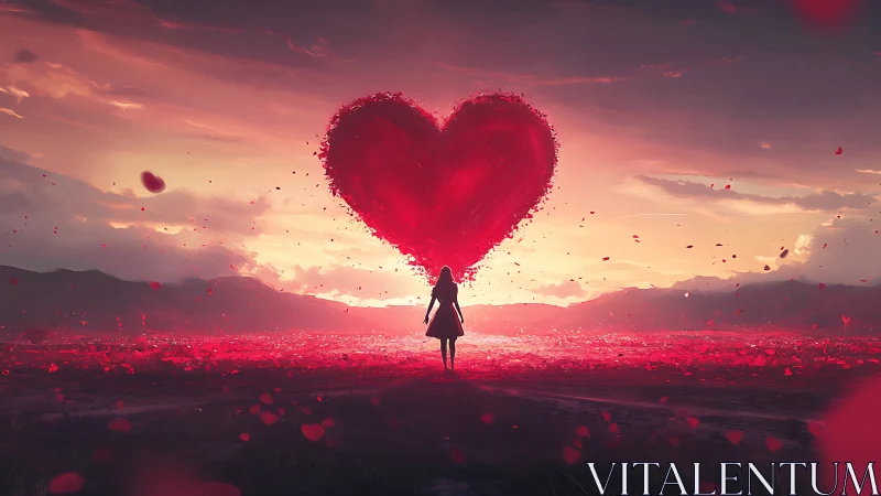 Woman Holds Luminous Red Heart Against Sunset Sky
