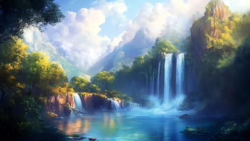 Softly glowing waterfall valley wrapped in morning mist.