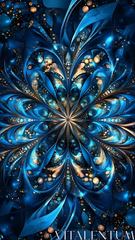 Luminous blue cosmic blossom unfolding in sparkling light.