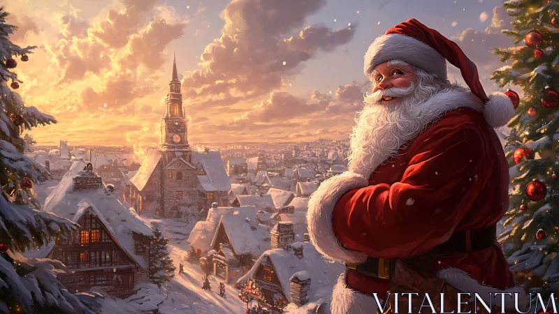 Santa in golden-hour snowy village with festive details.