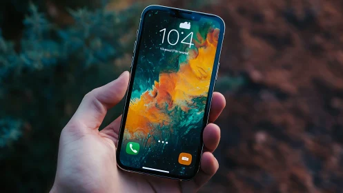 Modern smartphone displaying vibrant abstract wallpaper at 10:4 timestamp