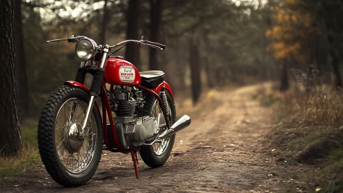Vintage red scrambler motorcycle on forest dirt trail at dusk