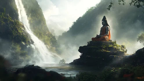 Serene river deity meditating beside mist-veiled waterfall.