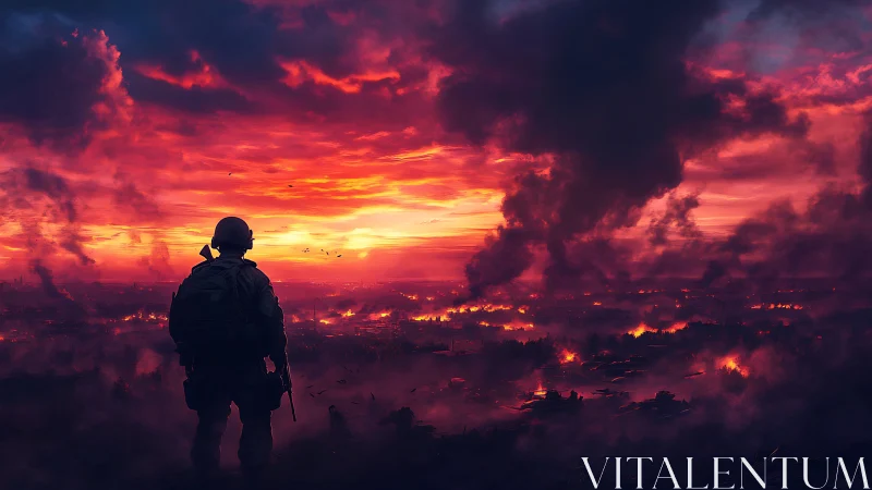 Solitary soldier overlooking burning city at crimson dusk.