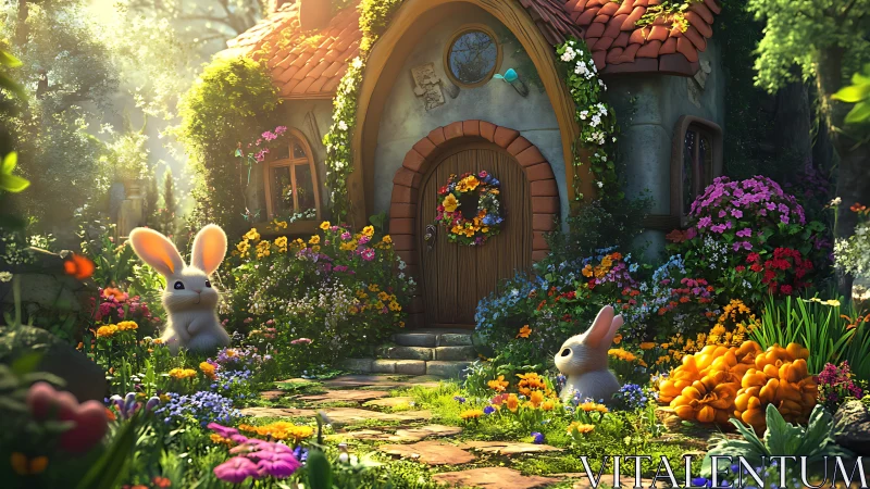 Sunlit cottage garden with stylized rabbits and dense floral foreground