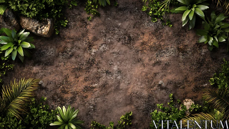 Aerial topographical composition: weathered earth substrate with organic perimeter vegetation framin