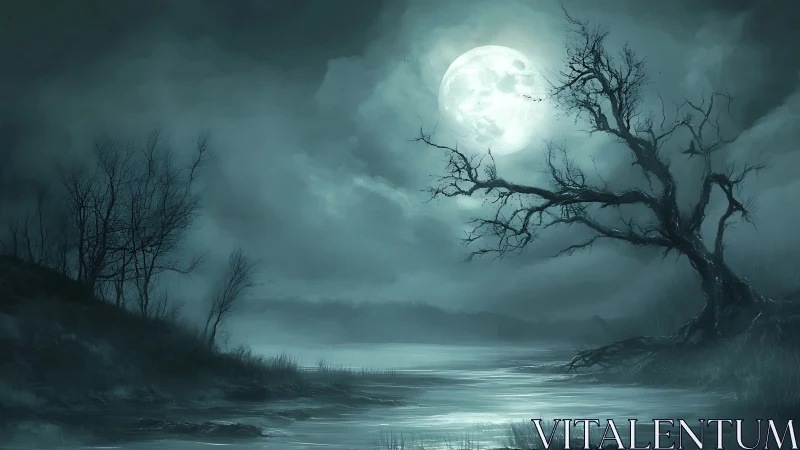 Moonstruck marsh lets a crooked tree argue with the night