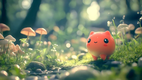 Orange creature figure in sunlit forest mushroom clearing.