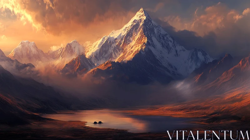 Sunlit snow peak rises over calm highland lake at dusk