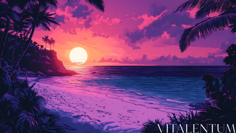 Dreamy tropical sunset cove wrapped in neon twilight glow.