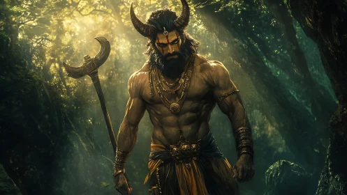 Horned forest warlord emerging through shafts of light.