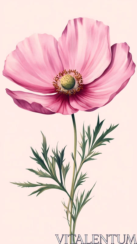 Pink Anemone Flower with Feathered Petals Rendered Against Neutral Backdrop