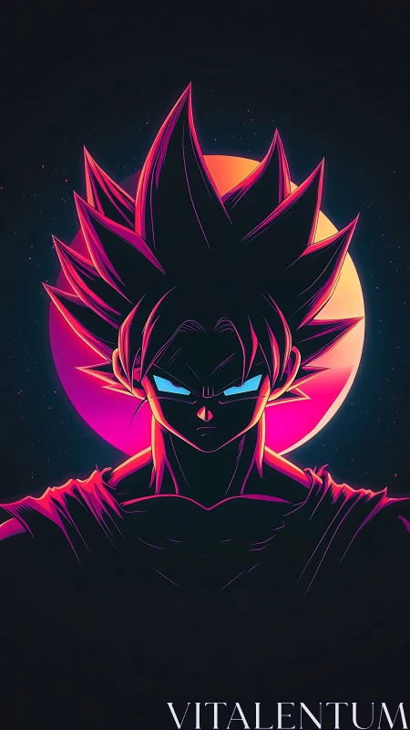 Neon-lit anime warrior silhouetted before cosmic sun.